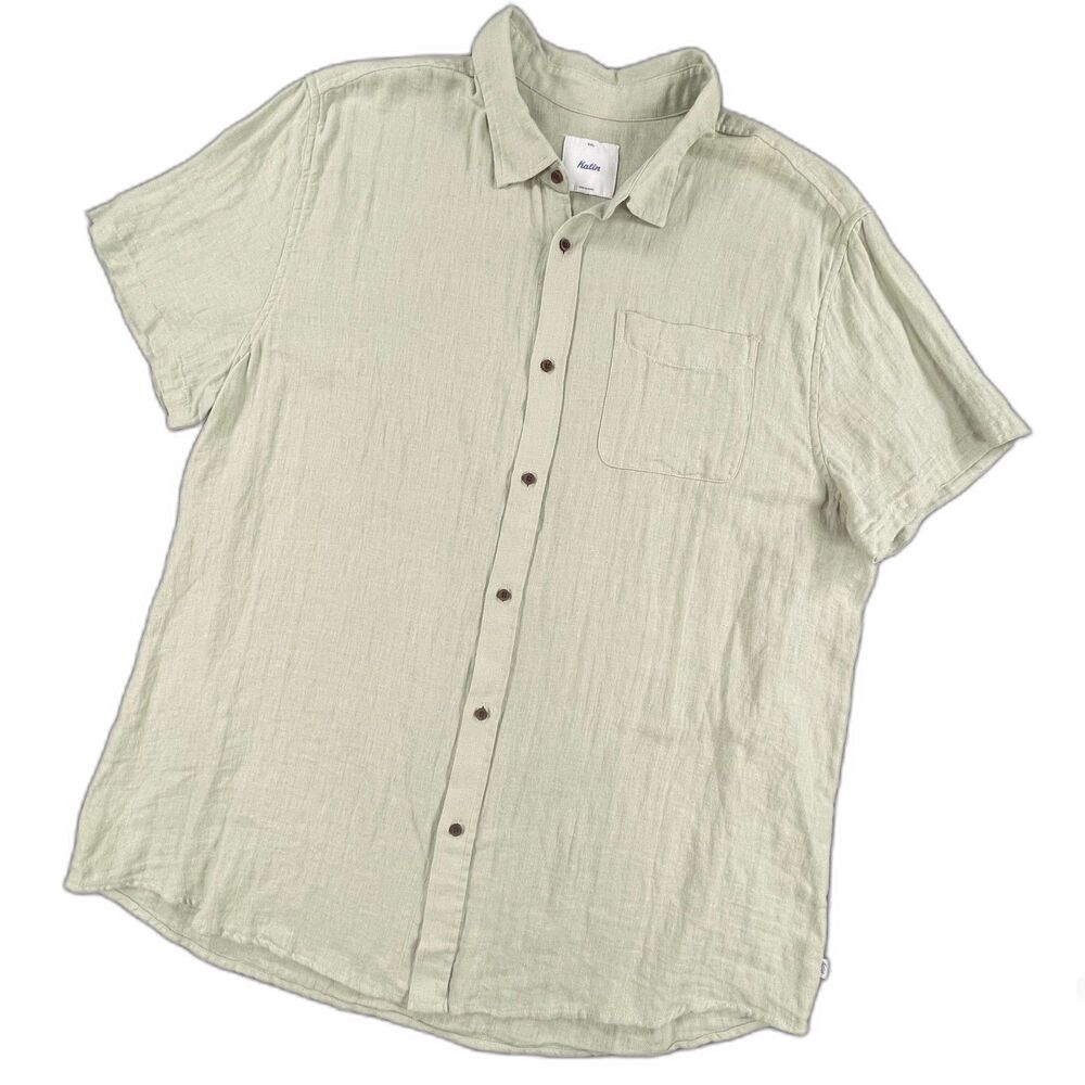 Katin Alan Herringbone Linen Cotton Short Sleeve Button Up Shirt XXL Sage Green